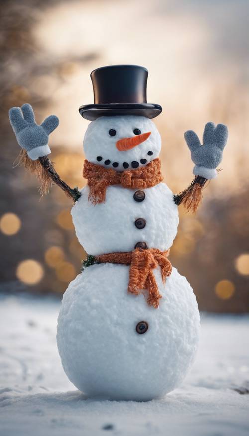 Un muñeco de nieve recién hecho, adornado con una nariz de zanahoria y un sombrero de copa.