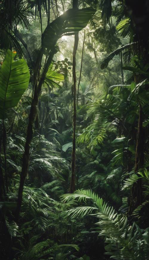 Güneş ışığının canlı bitki örtüsüne yansıdığı yemyeşil bir tropikal yağmur ormanı.