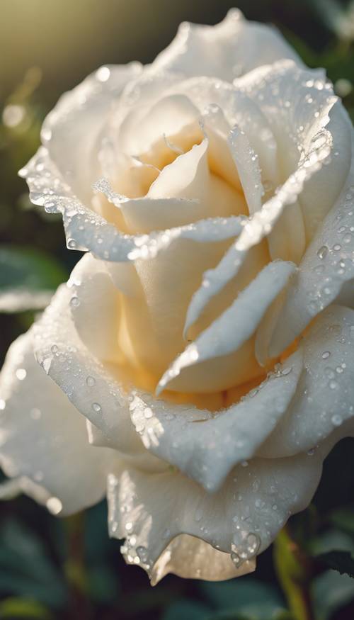 A dew-kissed white rose blooming radiantly under the soft morning sunlight in an otherwise deserted, tranquil garden.