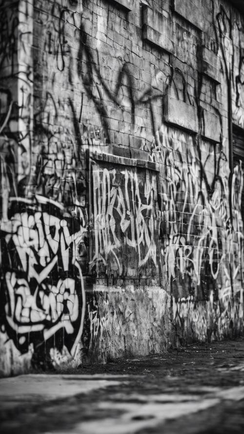 Уличная стена покрыта черно-белыми граффити с изображением городских сцен.