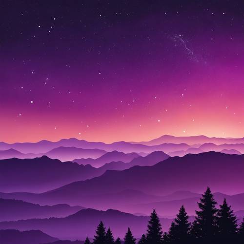Uma silhueta panorâmica perfeita do pôr do sol roxo de um cume de montanha, sob um céu em chamas com estrelas.