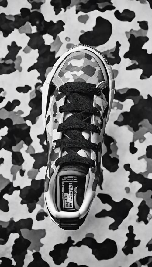 Padrão de camuflagem preto e branco em um tênis.