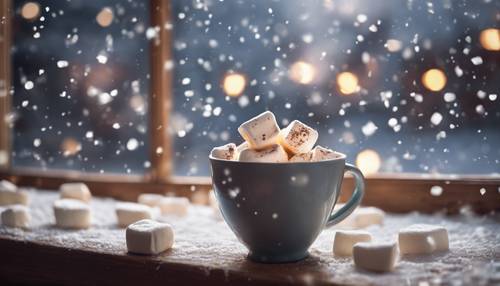 Flavored marshmallows melting in a cup of rich hot chocolate with a window showing snowfall in the background.