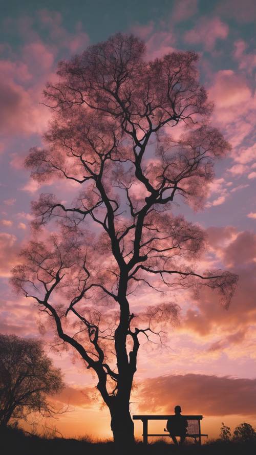 Pôr do sol mergulhando no horizonte com nuvens de algodão doce e a silhueta de uma árvore, incorporando uma estética suave.