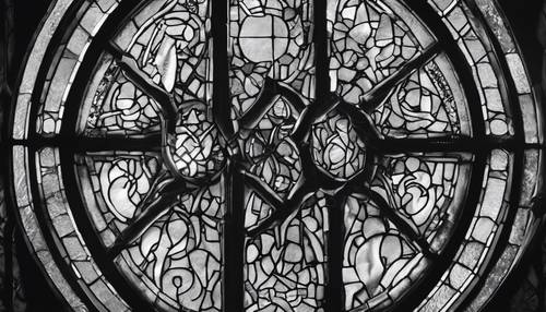 A close-up shot in sharp monochrome of a gothic stained glass window with mystical symbols.