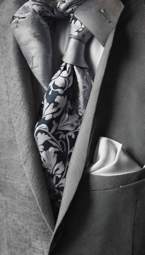 一款带有精致灰色花卉图案的男士口袋巾。
