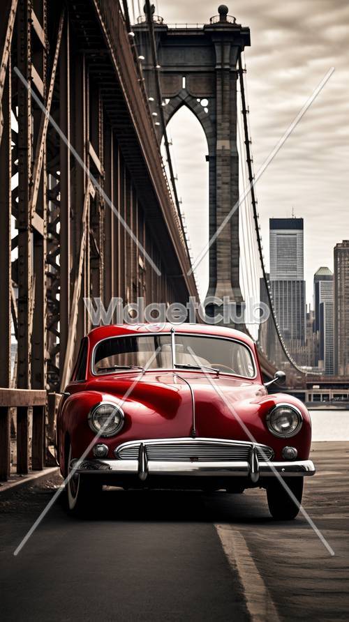 السيارة الحمراء الكلاسيكية على جسر المدينة