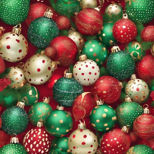 Altın puantiyeli süslenmiş şenlikli parlak kırmızı ve yeşil Noel süsleri.
