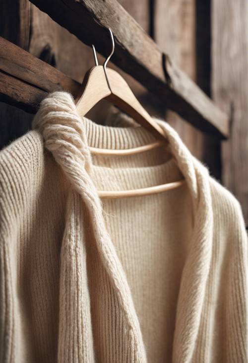 Um suéter de caxemira de cor creme pendurado em um cabide de madeira contra um fundo rústico de madeira.