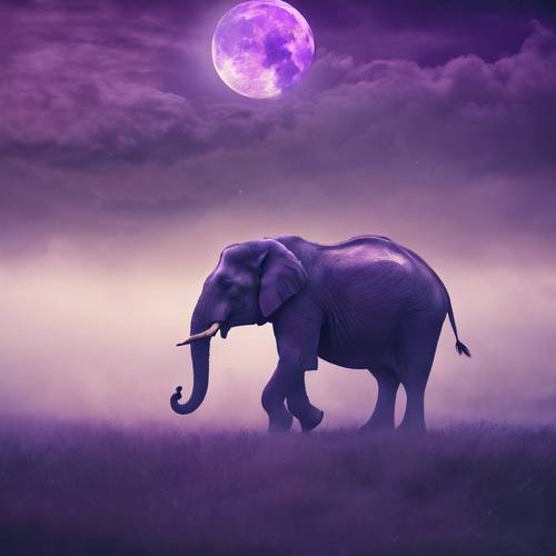 신비로운 보름달 아래 안개 속에서 상아 엄니를 뚫고 경외감을 느끼는 보라색 코끼리.