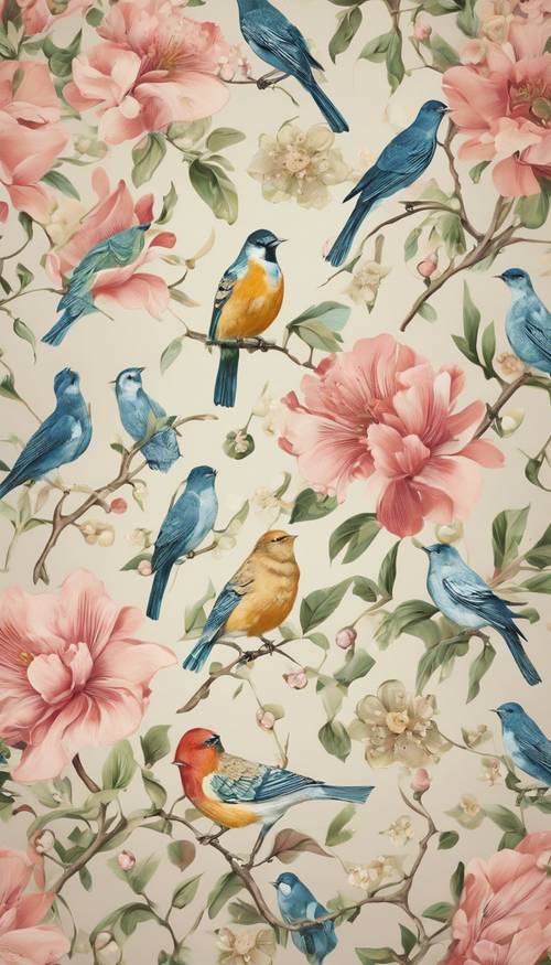 Celebración del encanto primaveral a través de un patrón de damasco que exhibe pájaros cantando y flores en flor.