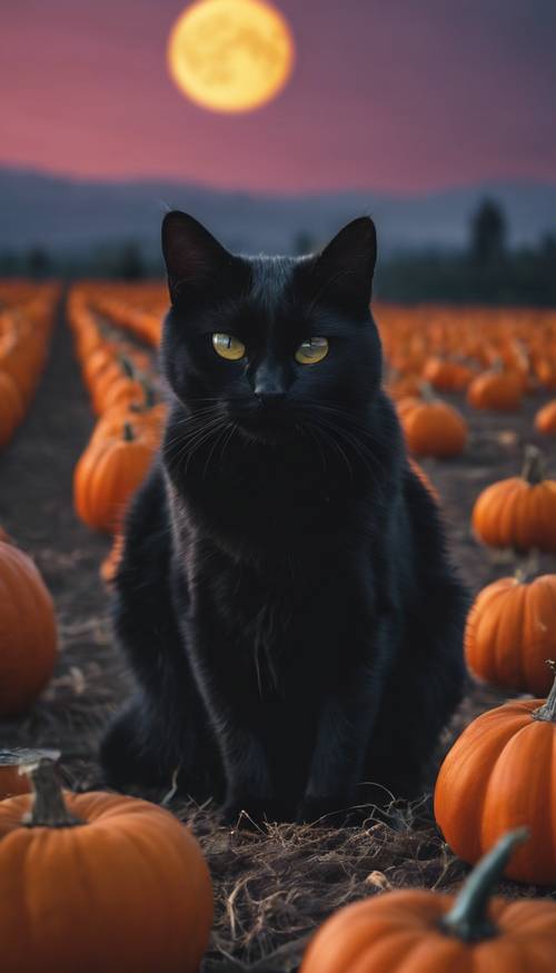 Một con mèo đen đơn độc đang ngồi trên miếng bí ngô với nền là trăng tròn.