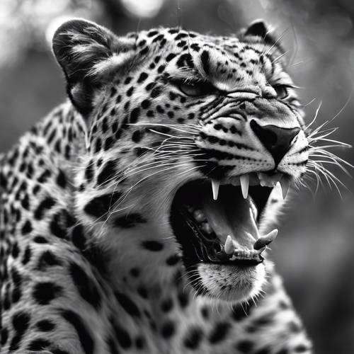 Momen yang tertangkap saat macan tutul menggeram, dalam gambar hitam putih yang dramatis.