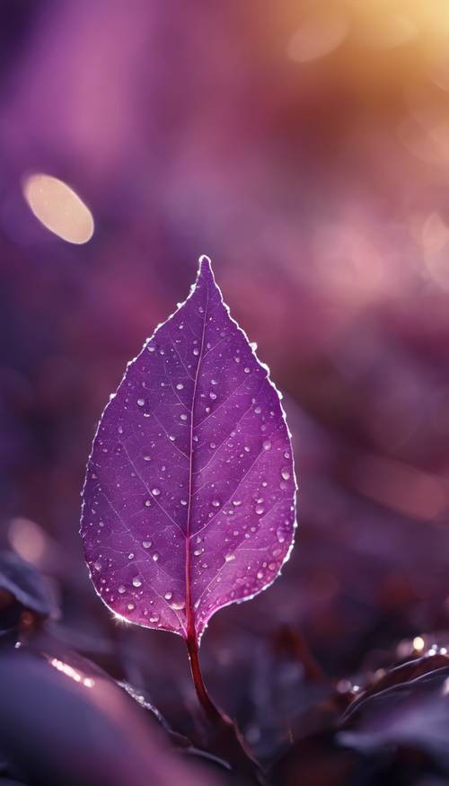 紫色叶子的近距离视图，被闪闪发光的晨露照亮。