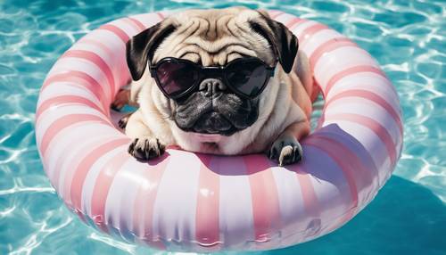 A pug wearing oversized heart-shaped sunglasses, lazily lounging on a pastel striped pool floatie in a clear blue pool.