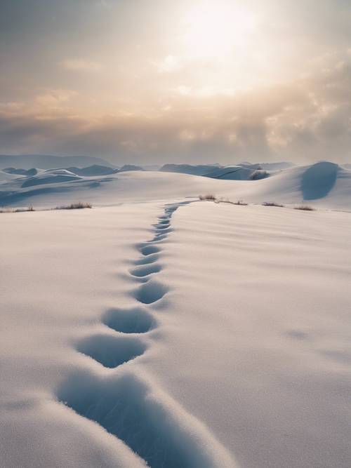 A frozen landscape view, the shape of the drifting snow dunes forming an anime quote.