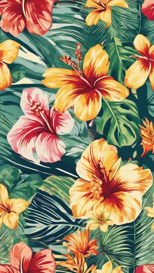 トロピカルな花や果物が描かれたビンテージハワイアンシャツ柄の壁紙