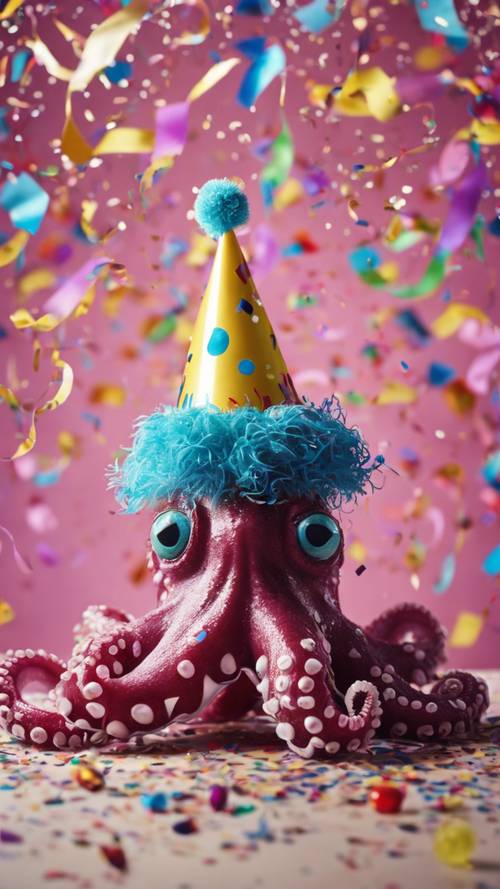 Веселый осьминог в праздничном колпаке, плавающий среди конфетти и лент, празднует свой день рождения.