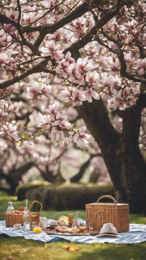 A picnic setup under a large blooming magnolia tree.