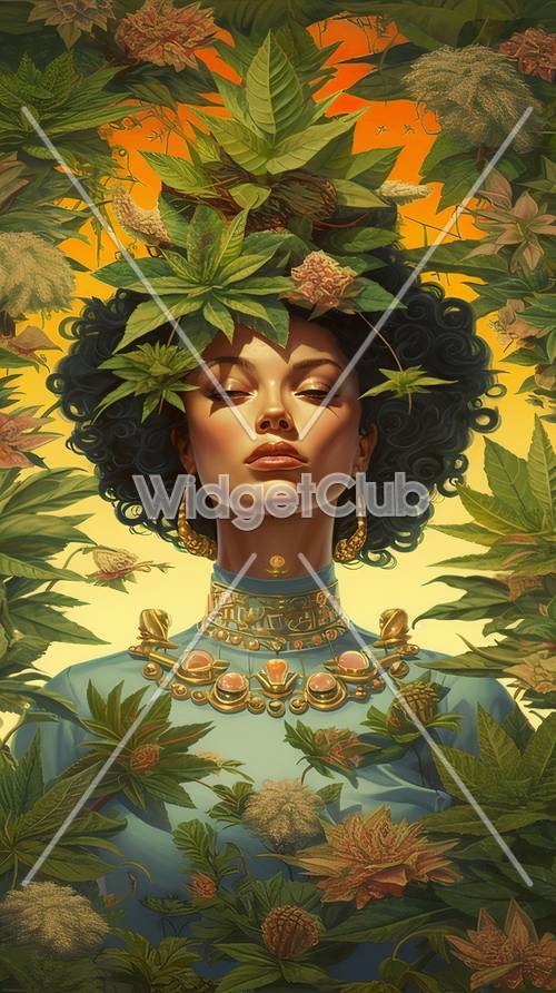 Tropical Queen with Blue Hair and Green Leaves