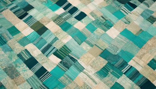 A patchwork of teal and turquoise stripes, stitched together into a quilt pattern on a cream background.