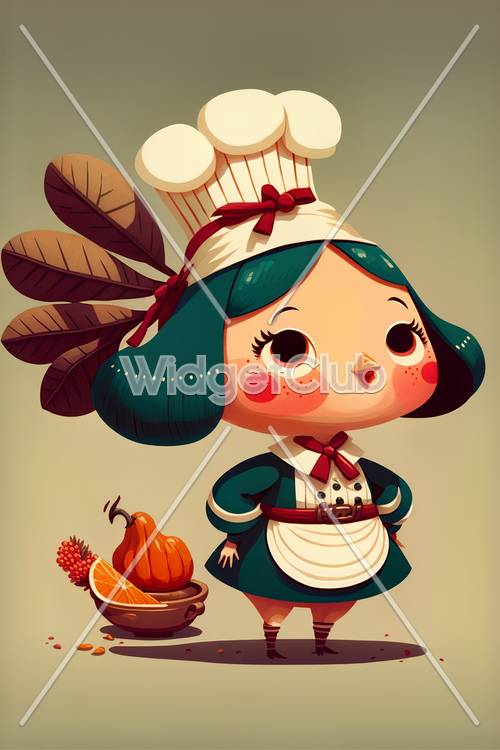 Cute Cartoon Chef with Pumpkin and Feathers