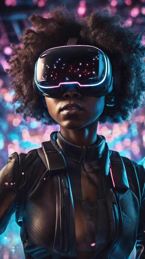 Czarna dziewczyna ubrana w zestaw słuchawkowy do rzeczywistości wirtualnej, całkowicie zanurzona w futurystycznej cyberprzestrzeni.