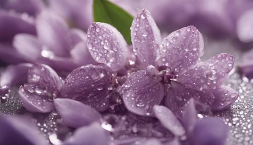 特写镜头：紫丁香花瓣上洒满晨露，闪闪发光。