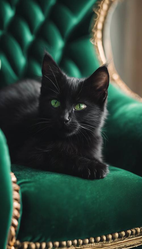 Um gatinho preto dormindo confortavelmente em uma poltrona de veludo verde escuro.