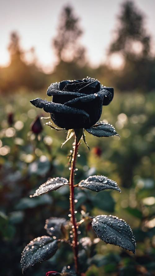 A close up of a black velvet rose in full bloom covered with morning dew