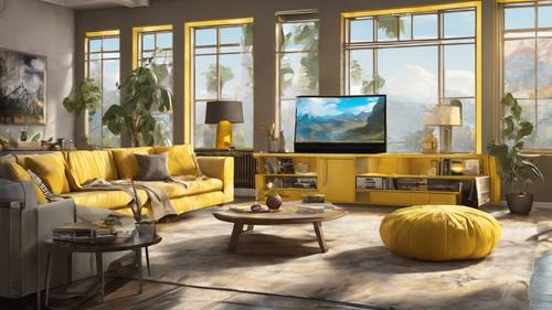 Một phòng khách hiện đại được thiết lập với một màn hình khổng lồ để chơi game, với các điểm nhấn trang trí màu vàng.