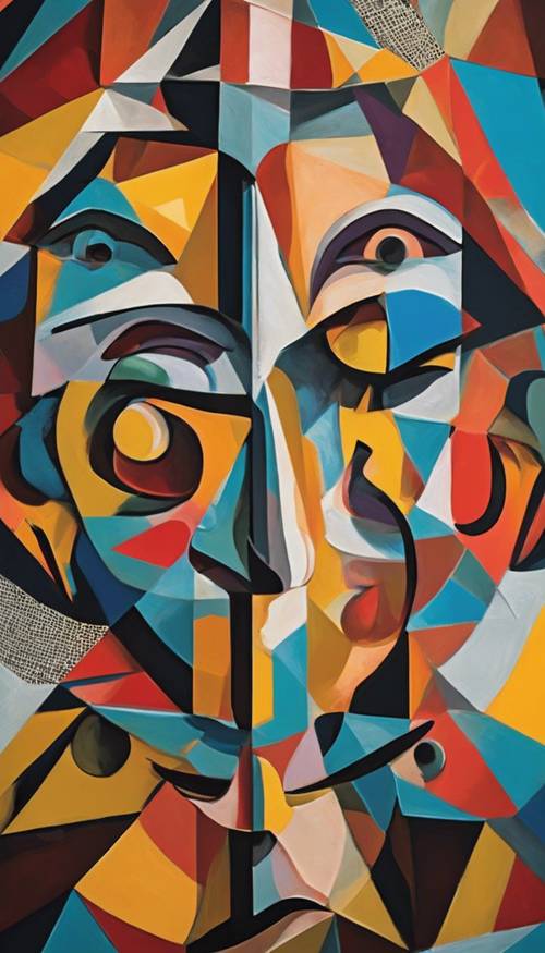 Un motivo astratto ispirato ai ritratti cubisti di Picasso, con colori vivaci e sorprendenti.