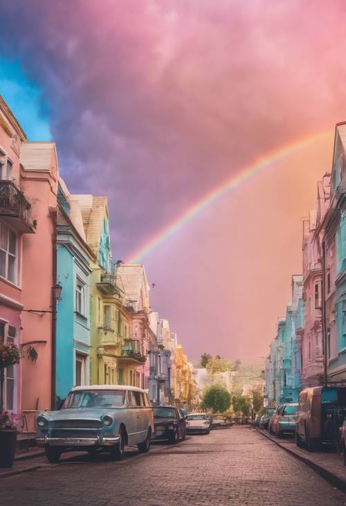 Una encantadora ciudad de colores pastel bajo un cielo de arcoíris surrealista.