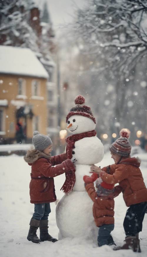 A vintage Christmas scene showing children making a jolly snowman in the village square.