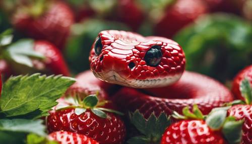 Un adorabile serpente rosso che spunta da un campo di fragole.