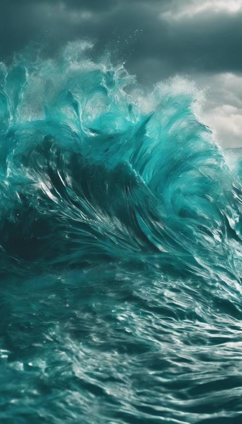 Turkusowa sztuka abstrakcyjna, ilustrująca burzę oceaniczną.