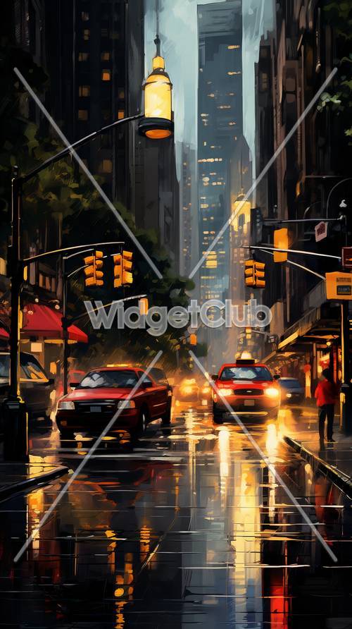 Escena de una calle lluviosa de la ciudad con autos brillantes y semáforos brillantes