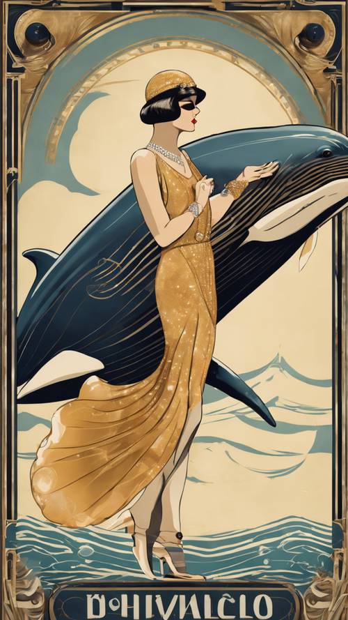An art deco poster of a glamorous 1920s flapper riding a stylish fan-like baleen whale.