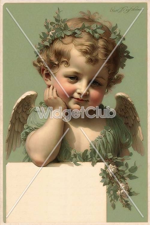 Angel Child in Green Dress Art 牆紙[5776325024c64a3abd5e]