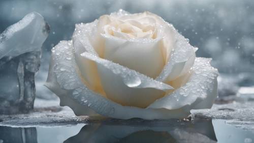 Una scena eterea di una rosa bianca che sboccia sotto il ghiaccio traslucido di un lago invernale.