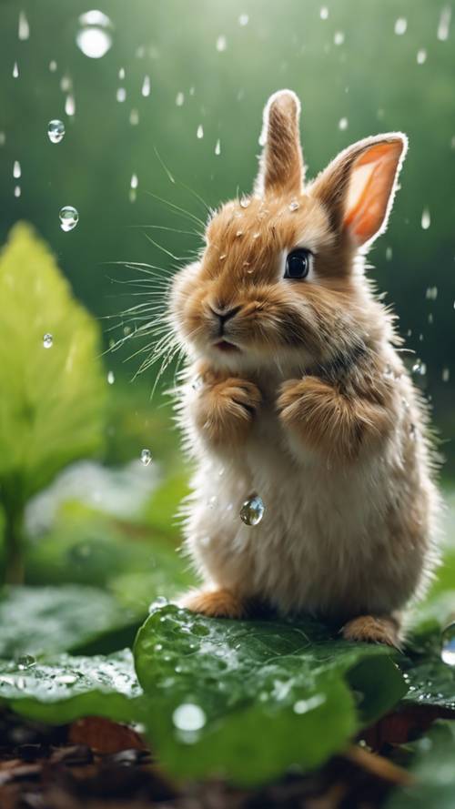 Un conejo bebé descubre una gota de lluvia en una hoja después de una lluvia primaveral.