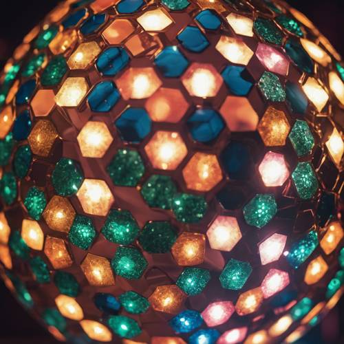 Close-up shot of a vintage disco ball with tiny mirrored squares reflecting multicolored lights.