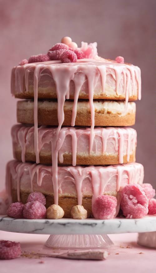 Um bolo mármore rosa pastel, com as camadas bem visíveis.