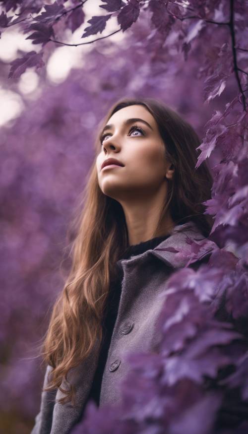 A young girl looking up, enchanted by a gentle fall of purple leaves. Тапет [ed888598054544b8942c]