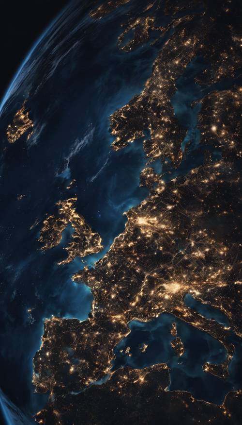 Uma impressionante vista aérea da Terra à noite, com cidades iluminadas contra os oceanos azuis escuros.