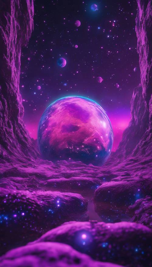 異世界の風景: ネオン色の星々が輝く紫色の惑星