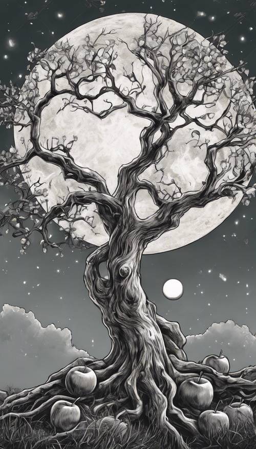 A hand-drawn sketch of a gnarly apple tree, with the moon brightly shining on it in the backdrop.