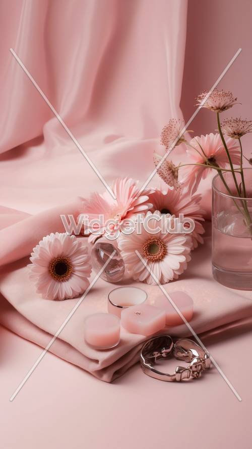 분홍색과 흰색 꽃과 촛불
