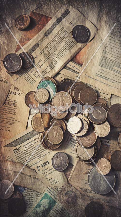 Vintage Coins on Old Newspaper - Perfect for Your Screen Background