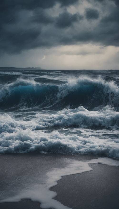 Scène de plage maussade avec des vagues bleu foncé déferlantes sous un ciel orageux